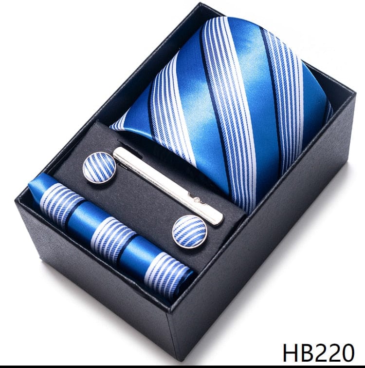 Silk Brand Tie Handkerchief Cufflink Set Necktie Holiday Gift Box Man&#39;s Blue Gold Suit Accessories Slim Cravat Wedding Gravatas