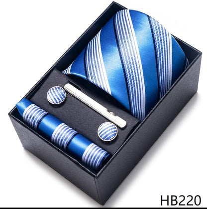 Silk Brand Tie Handkerchief Cufflink Set Necktie Holiday Gift Box Man's Blue Gold Suit Accessories Slim Cravat Wedding Gravatas