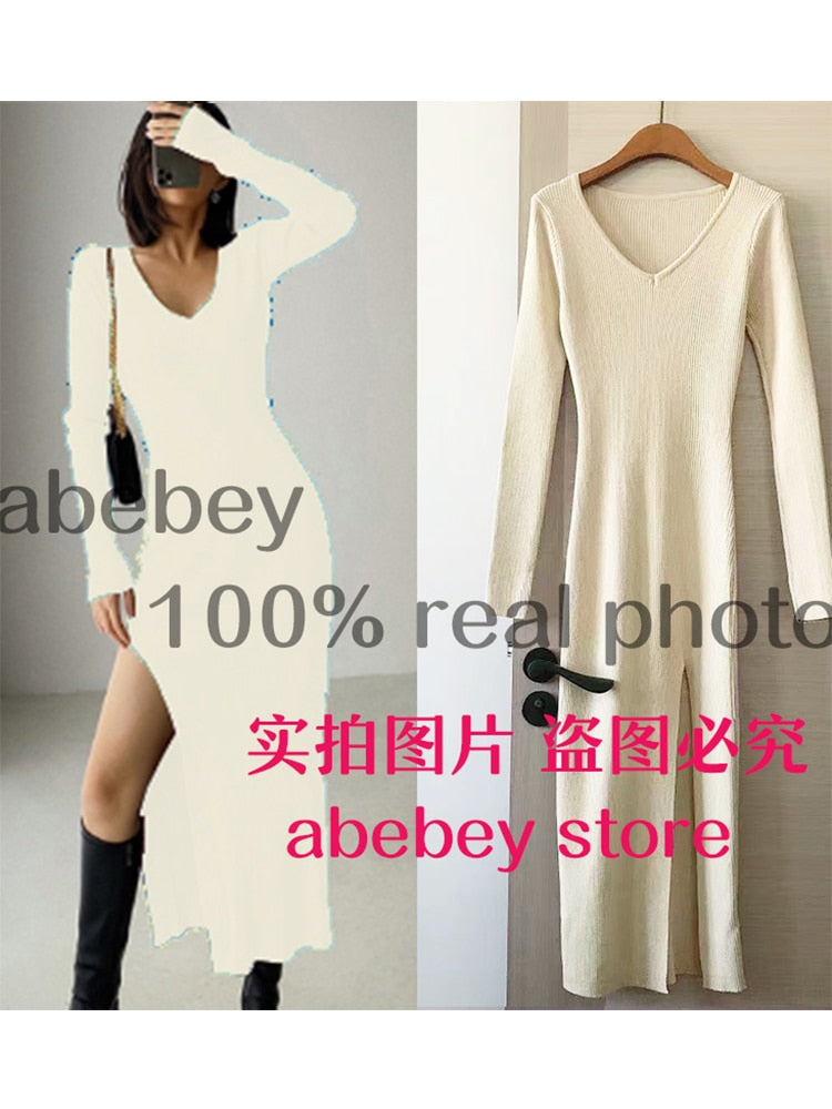 spring and winter sexy French slit sweater dress female slim tight-fitting hip-knit over-the-knee dresses