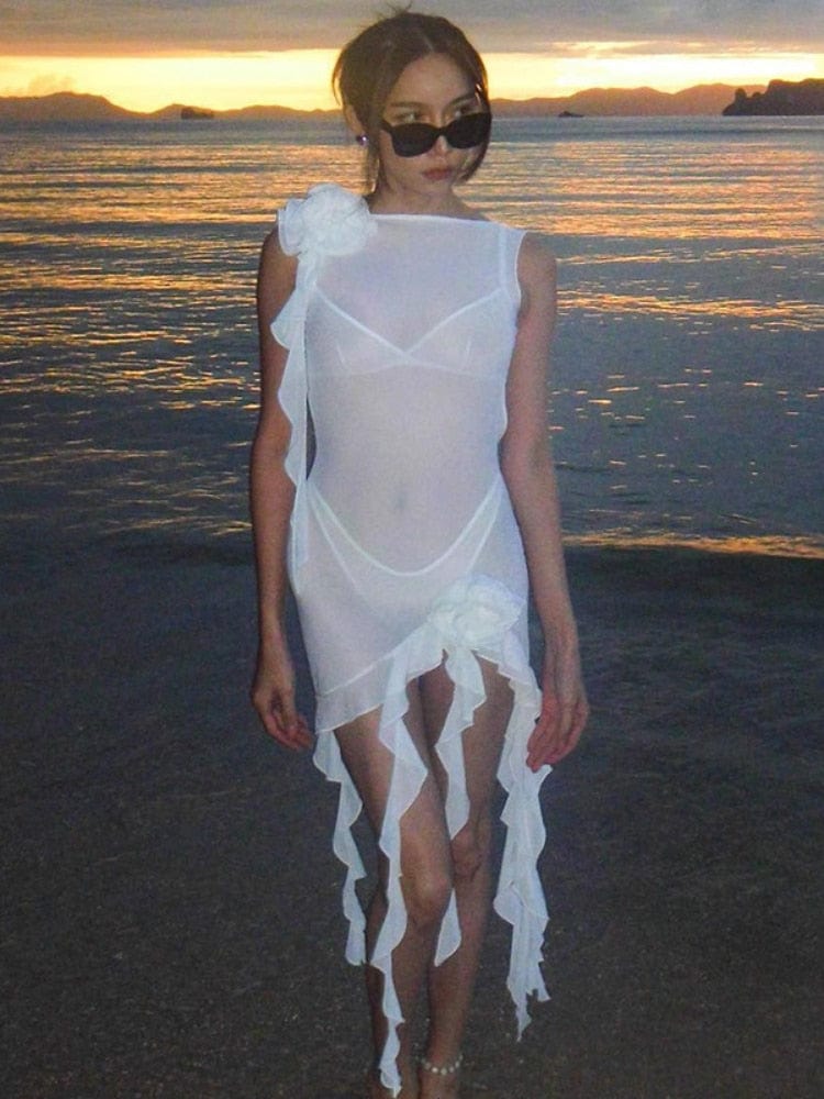 Rochie cu volane cu flori mov, rochie sexy din plasă transparentă, mini rochie fără spate pentru femei, vară, neregulată, bodycon, ținute de vacanță pe plajă