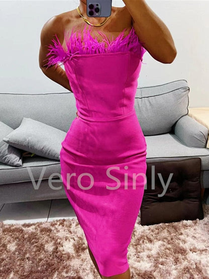 New Summer Sexy Strapless Backless Feather Black Midi Women Bodycon Bandage Dress  Designer Fashion Party Club Dress Vestido