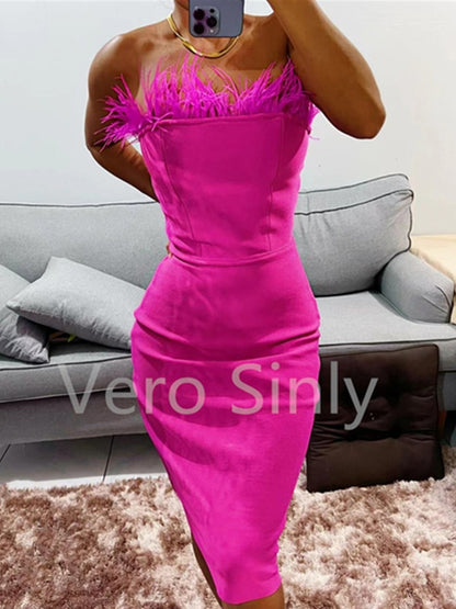 New Summer Sexy Strapless Backless Feather Black Midi Women Bodycon Bandage Dress  Designer Fashion Party Club Dress Vestido