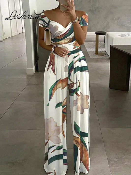 Sexy Outfit Off Shoulder Print Wide Leg Jumpsuit Women 2023 Summer Casual Boho Casual High Waist Jumpsuits Clothes Overalls