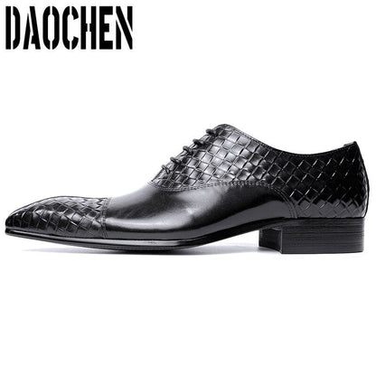 Luxury Design Men Oxford Shoes Lace up Split Toe Weave Printing Black Green Men Dress Shoes Office Wedding Leather Shoes For Men