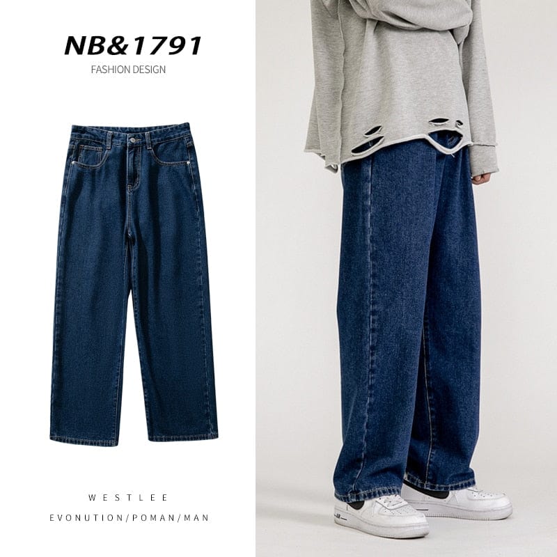 Korean Fashion Men&#39;s Baggy Jeans Classic All-match Solid Color Straight-leg Denim Wide-leg Pants Male Light Blue Grey Black