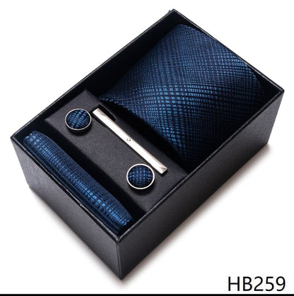 Silk Brand Tie Handkerchief Cufflink Set Necktie Holiday Gift Box Man's Blue Gold Suit Accessories Slim Cravat Wedding Gravatas