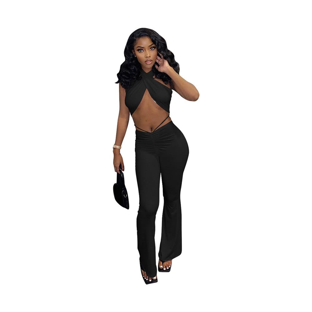 New Fashion Sexy Cross Lace-up Top and Trousers Two-piece Women&#39;s Waist Exposed Nightclub Party Clothes Slim Wide Leg Pants