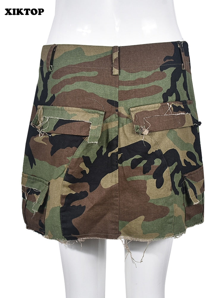 XIKTOP Camouflage Skirt Women 2023 Sexy Side Slit Y2K Pockets Patchwork Summer Casual All-Matching Mini Skirts Hipster Street