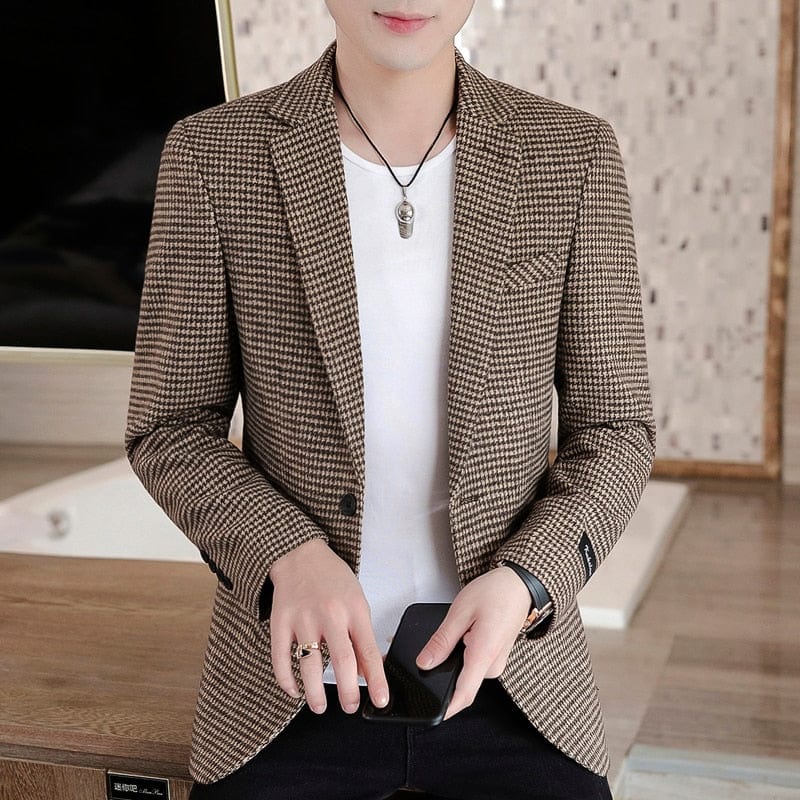 Autumn Men Jacket Suit OneButton Classic Houndstooth Korean Style Blazer Non-ironing Mens Wedding Tuxedos Suits Blazer Masculino