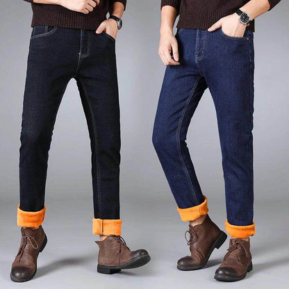 Winter New Men's Warm Jeans Business Casual Elasticity Thick Slim Denim Pants Brand Trousers Black Plus Size 38 40