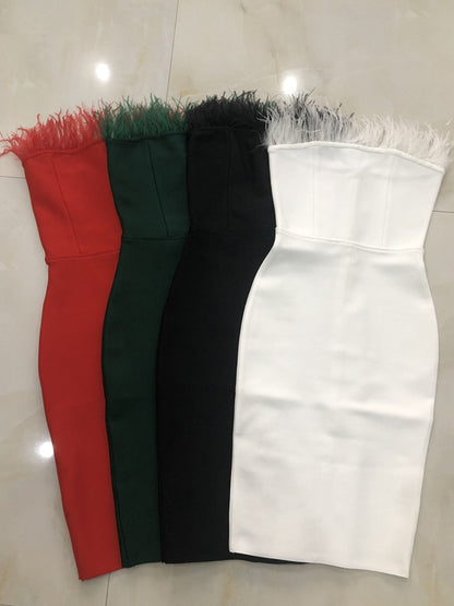 New Summer Sexy Strapless Backless Feather Black Midi Women Bodycon Bandage Dress  Designer Fashion Party Club Dress Vestido