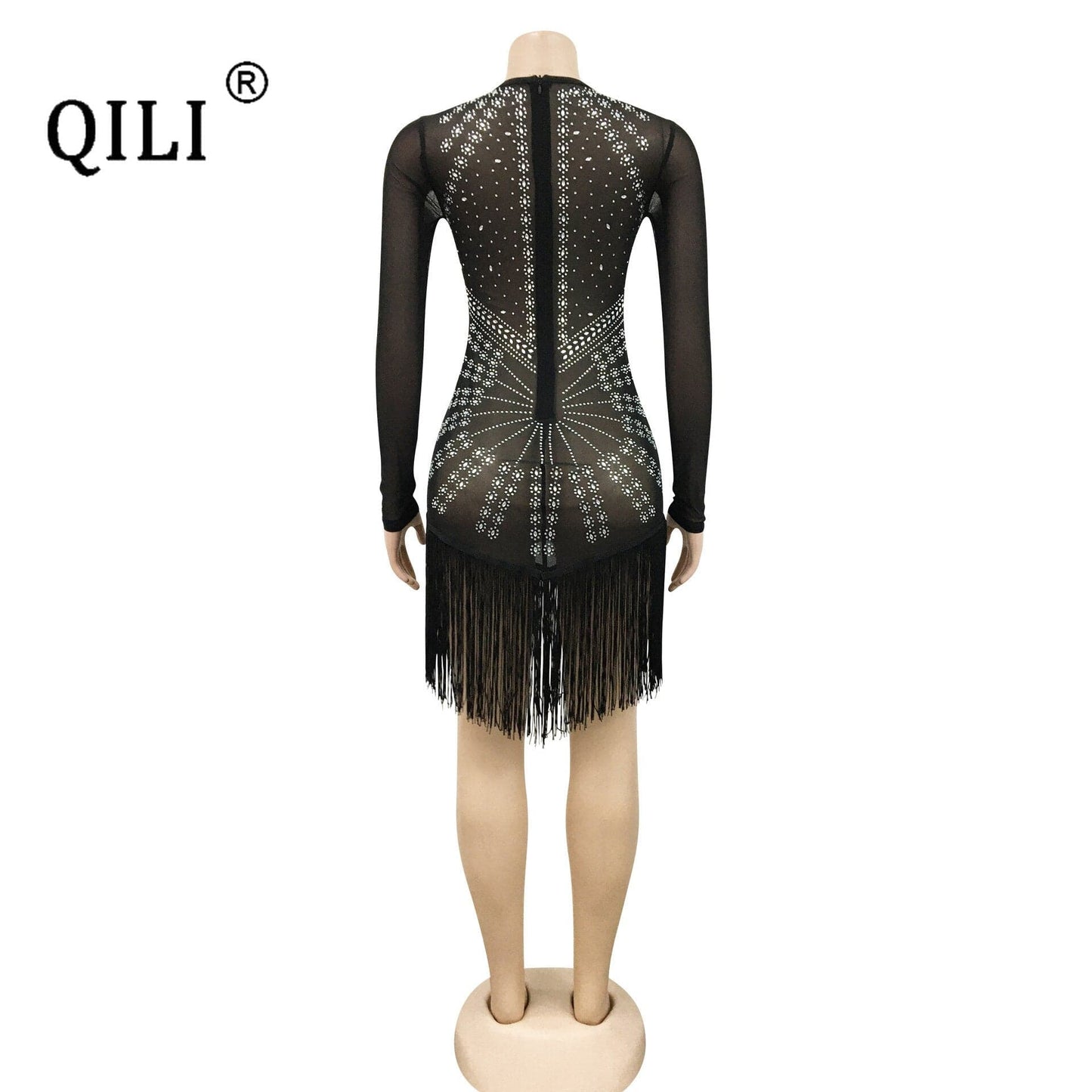 QILI See Through Mesh Diamonds Dress Black Blue Long Sleeve Rhinestone Mini Nightclub Dress Tassel