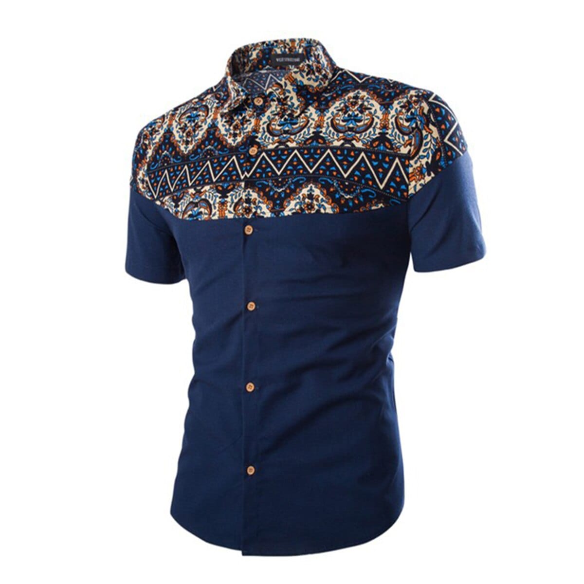 FEGKZLI Men Formal Shirts In African Print Style Stand Collar Button Shirts Navy Long Sleeve Cotton Homme Clothes Tops M-3XL