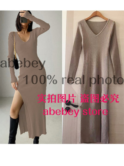 spring and winter sexy French slit sweater dress female slim tight-fitting hip-knit over-the-knee dresses