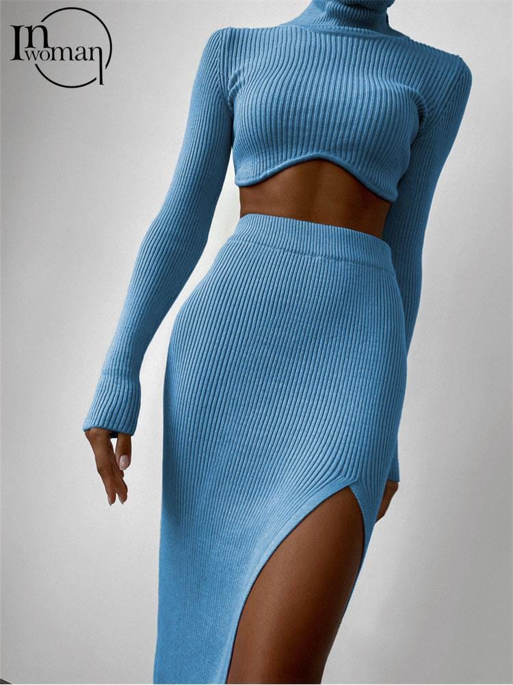 Inwoman Autumn Sexy Solid Ribbed 2 Two Piece Sets Club Outfit For Women 2022 Long Sleeve O Neck Crop Top And Skirt Sets Female