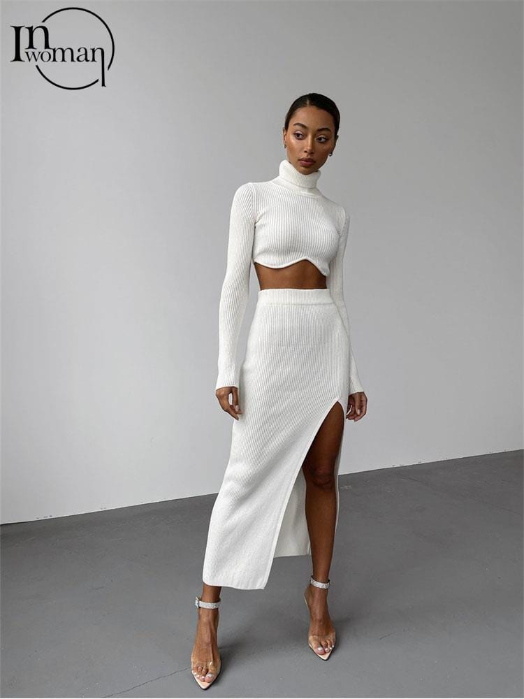 Inwoman Autumn Sexy Solid Ribbed 2 Two Piece Sets Club Outfit For Women 2022 Long Sleeve O Neck Crop Top And Skirt Sets Female