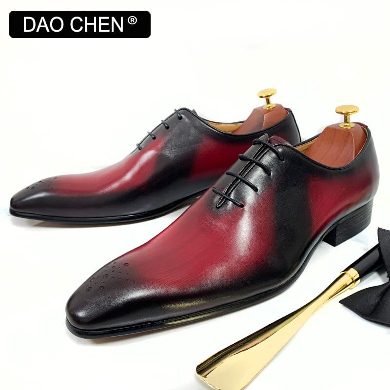 ELEGANT FORMAL MEN GENUINE LEATHER SHOES LACE UP POINTED TOE MAN DRESS SHOES RED MIX BLACK WEDDING BUSINESS OXFORD SHOES FOR MEN