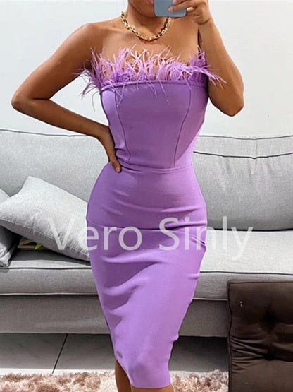 New Summer Sexy Strapless Backless Feather Black Midi Women Bodycon Bandage Dress  Designer Fashion Party Club Dress Vestido