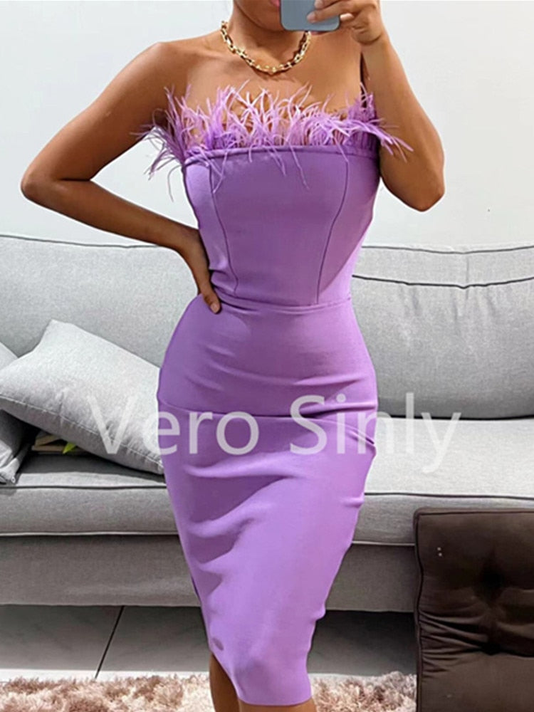 New Summer Sexy Strapless Backless Feather Black Midi Women Bodycon Bandage Dress 2022 Designer Fashion Party Club Dress Vestido