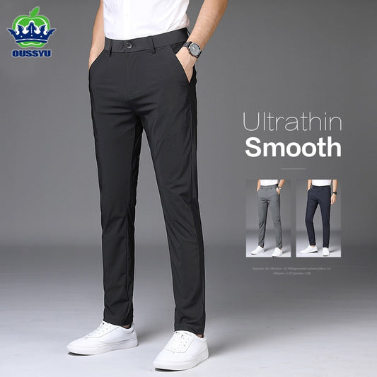 Summer Smooth Stretch Suit Pants Men Thin Business Straight Classic Casual Formal Office Nylon Trousers Male Plus Size 28-40