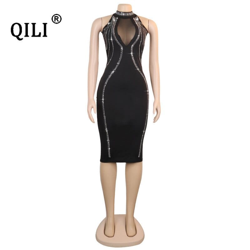 QILI Women Sexy Party Dress Sleeveless Backless Diamonds Rhinestone Dresses Black See Through Mesh Bodycon Dress