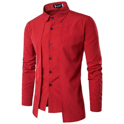 summer autumn Fake two-piece double placket thin section non-iron solid color cotton lapel men's long-sleeved shirt men's top
