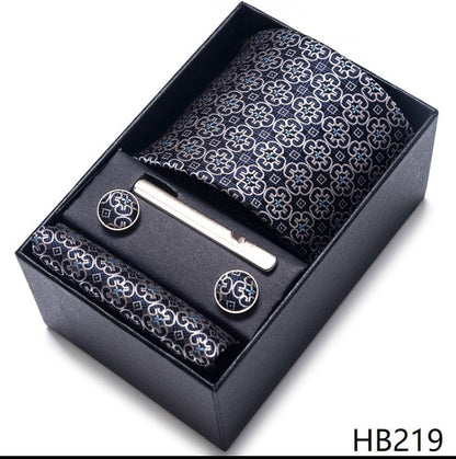 Silk Brand Tie Handkerchief Cufflink Set Necktie Holiday Gift Box Man's Blue Gold Suit Accessories Slim Cravat Wedding Gravatas