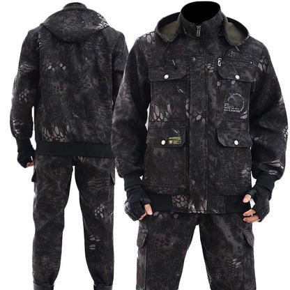 Winter Work Clothes Suit Men's Plus Velvet Thick Cotton Wear-resistant Welder Auto Mechanic Jacket Pants Labor Insurance Service