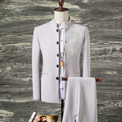 2 Pcs Set Stand Collar Blazers Jacket Pants /  Fashion New Men's Casual Boutique Business Solid Color Suit Coat Trousers