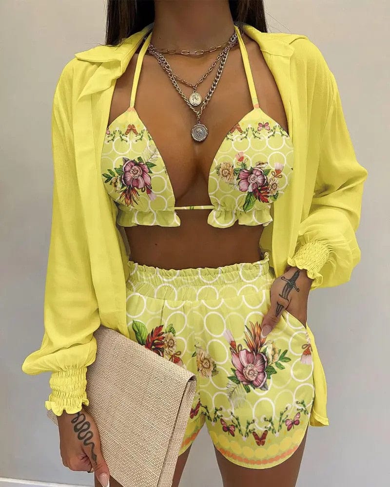 Summer 3 Piece Set Outfits Women Fashion Sexy Beach Style Printed Suspender Shirt Shorts Pant Suit Three Piece  Set Women