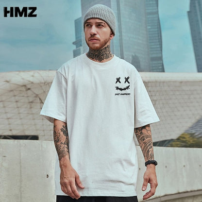 HMZ 2022 Tricou Streetwear Barbati Oversize Hip Hop Tricou Smile Print Harajuku Tricou Vara Maneca Scurta Bumbac Topuri Largi Tricouri