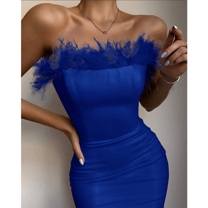 New Summer Sexy Strapless Backless Feather Black Midi Women Bodycon Bandage Dress  Designer Fashion Party Club Dress Vestido