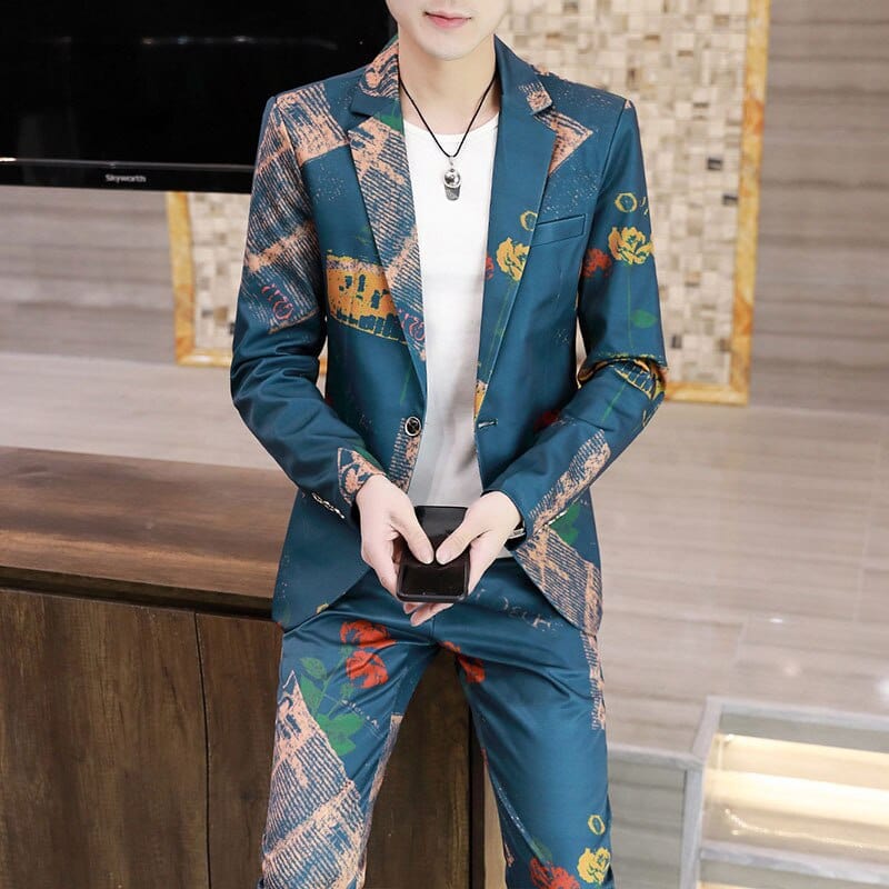Fashion Trend Printing Suit Jacket Pants Two-piece Men&#39;s 2022 Spring and Autumn New Korean Version Slim One-button Suit Suit
