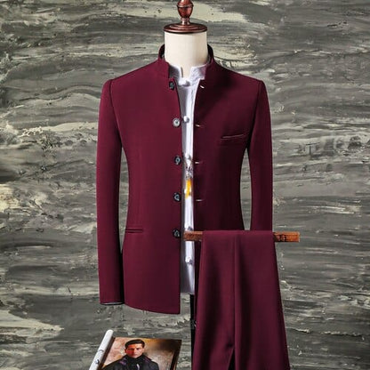 2 Pcs Set Stand Collar Blazers Jacket Pants /  Fashion New Men's Casual Boutique Business Solid Color Suit Coat Trousers