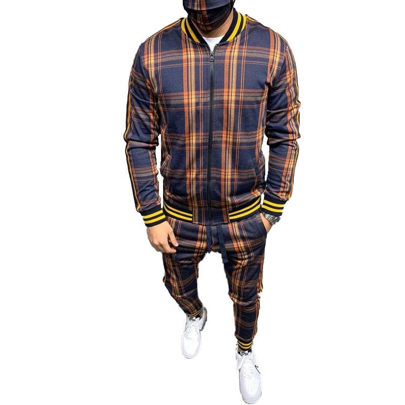 2022 Casual Suit Men Sportswear Two Piece Outfits Stripe Outerwear Plaid Set Zipper Spring Autumn Jacket Male Gentlemen Clothing