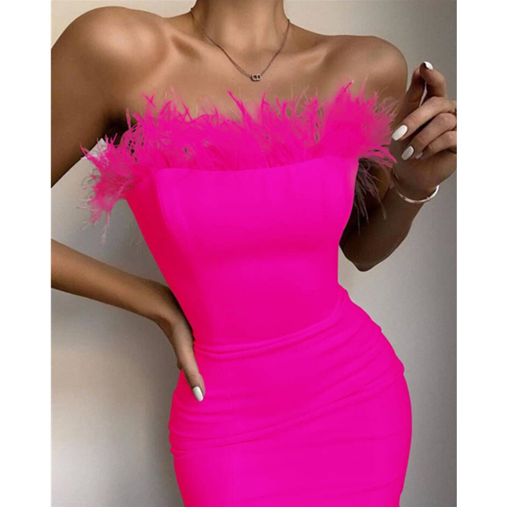 New Summer Sexy Strapless Backless Feather Black Midi Women Bodycon Bandage Dress 2022 Designer Fashion Party Club Dress Vestido