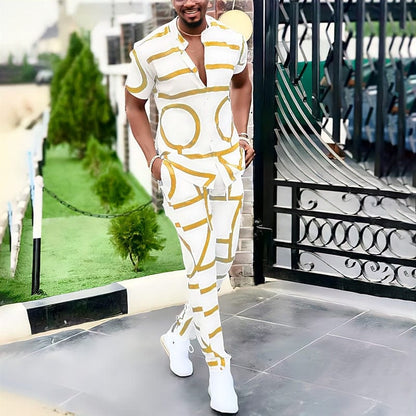 Fashion Spring Summer Men's Casual Two Piece Sets Short Sleeve Tops And Long Pants Suit Pattern Print Outfit Men Streetwear