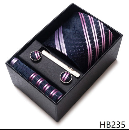 Silk Brand Tie Handkerchief Cufflink Set Necktie Holiday Gift Box Man's Blue Gold Suit Accessories Slim Cravat Wedding Gravatas