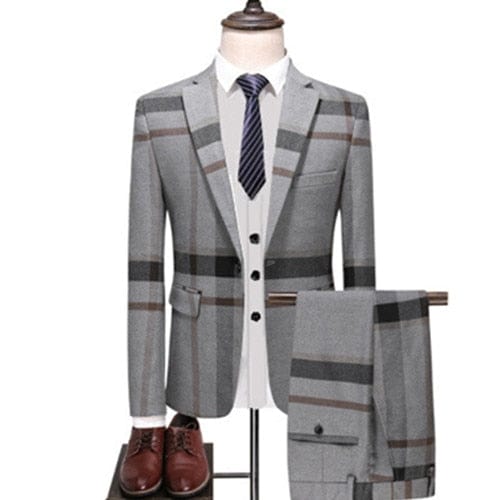 3 Pcs Suits Set Coat Vest Pants / 2022 Fashion Men&#39;s Casual Boutique Business Plaid Slim Formal Dress Blazers Jacket Waistcoat