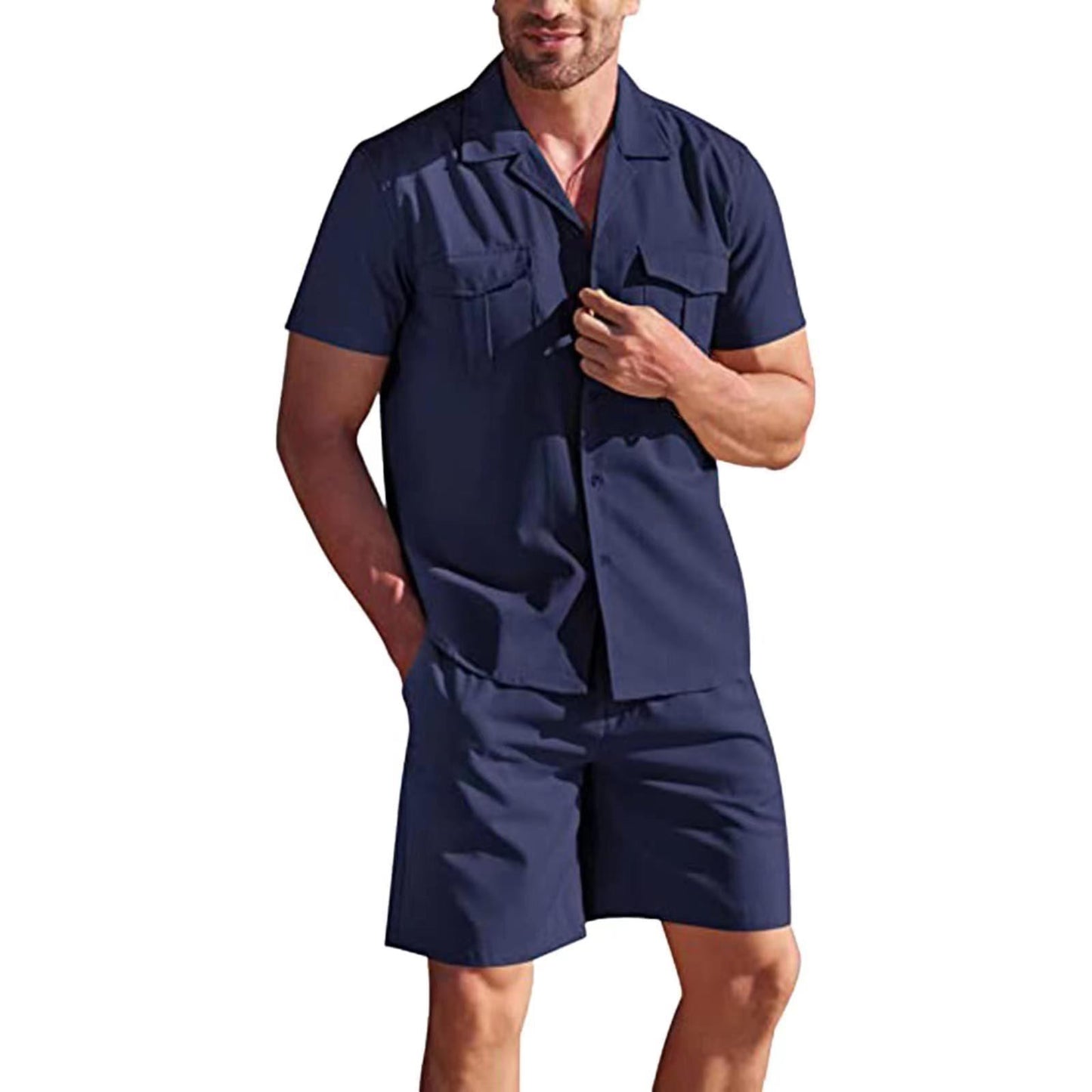 Men&#39;s Summer Casual Loose Two Piece Sets Beach Solid Workwear Pocket Linen Man Suit Short Sleeve Button Shirt And Shorts Outfits