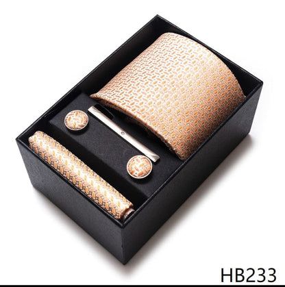 Silk Brand Tie Handkerchief Cufflink Set Necktie Holiday Gift Box Man's Blue Gold Suit Accessories Slim Cravat Wedding Gravatas