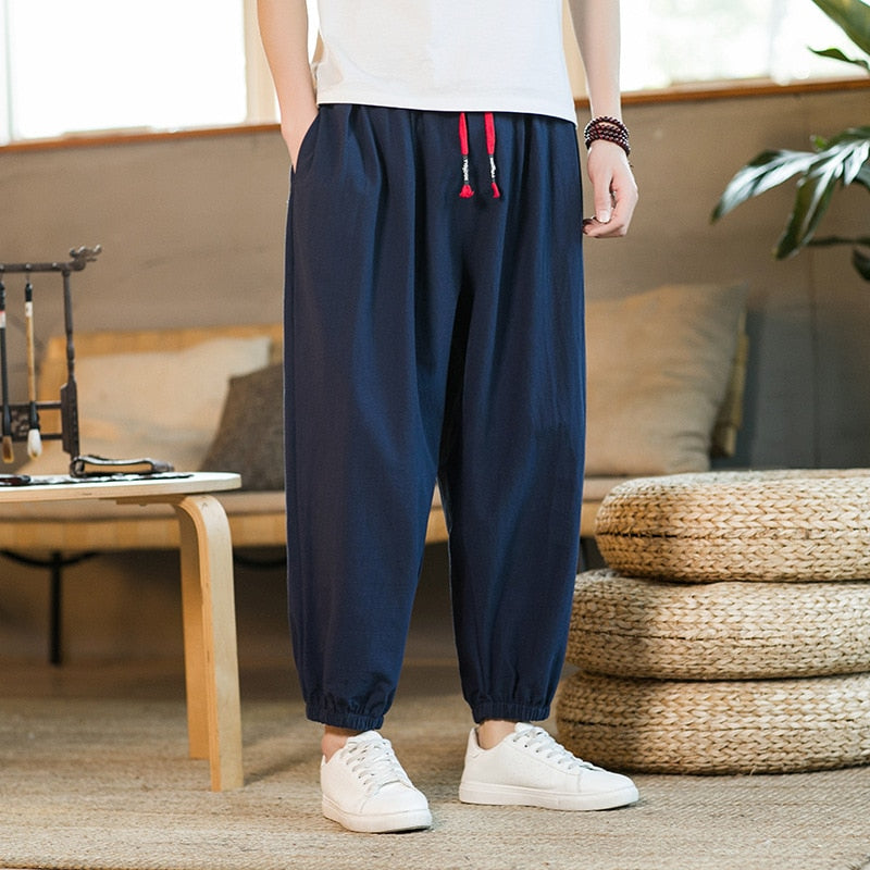 Asian size Man Solid Fashion Cotton Linen Blended Casual Pants 2023 Summer New Chinese Style Men&#39;s Loose Nine Points Trousers