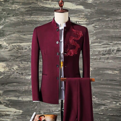 2 Pcs Set Stand Collar Blazers Jacket Pants /  Fashion New Men's Casual Boutique Business Solid Color Suit Coat Trousers