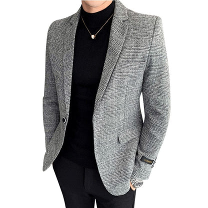 New Men Casual Blazer British Style Business Slim Fit Plaid Suit Coat Long Sleeve Male Formal Single Buckle Suit Jacket