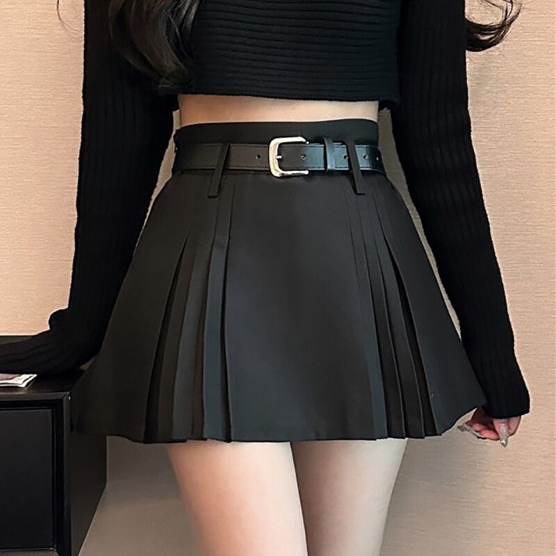 HOUZHOU Preppy Pleated Mini Skirt Women Summer 2023 Sexy Gyaru Belt High Waist Solid A-Line Micro Skirt Shorts Korean Fashion