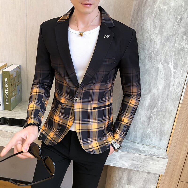 2022 Spring New Colorblock Plaid Blazer Men Slim Casual Man Blazers Wedding Business Party Clothing Dress Coat Blazer M-3XL