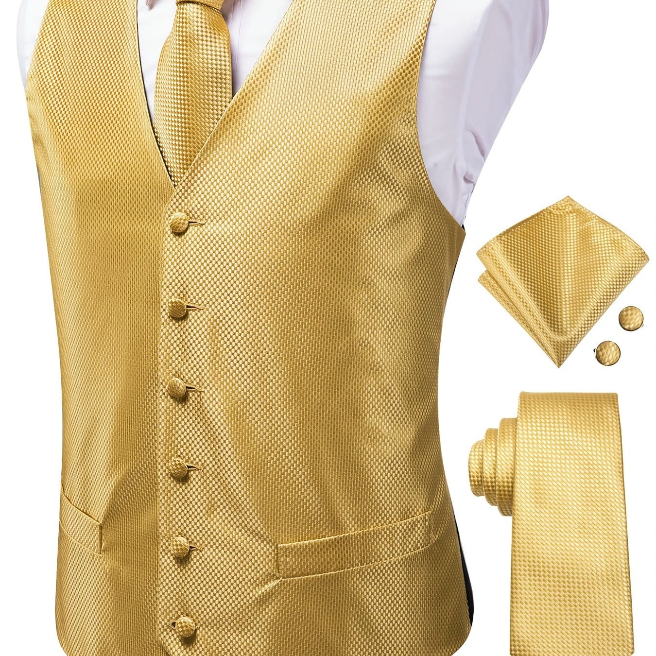 Men's Vintage Elegant Fit Sleeveless Vest Set With Floral Print, Formal Suit Waistcoat & Tie & Cufflinks & Hanky For Wedding Party Business
