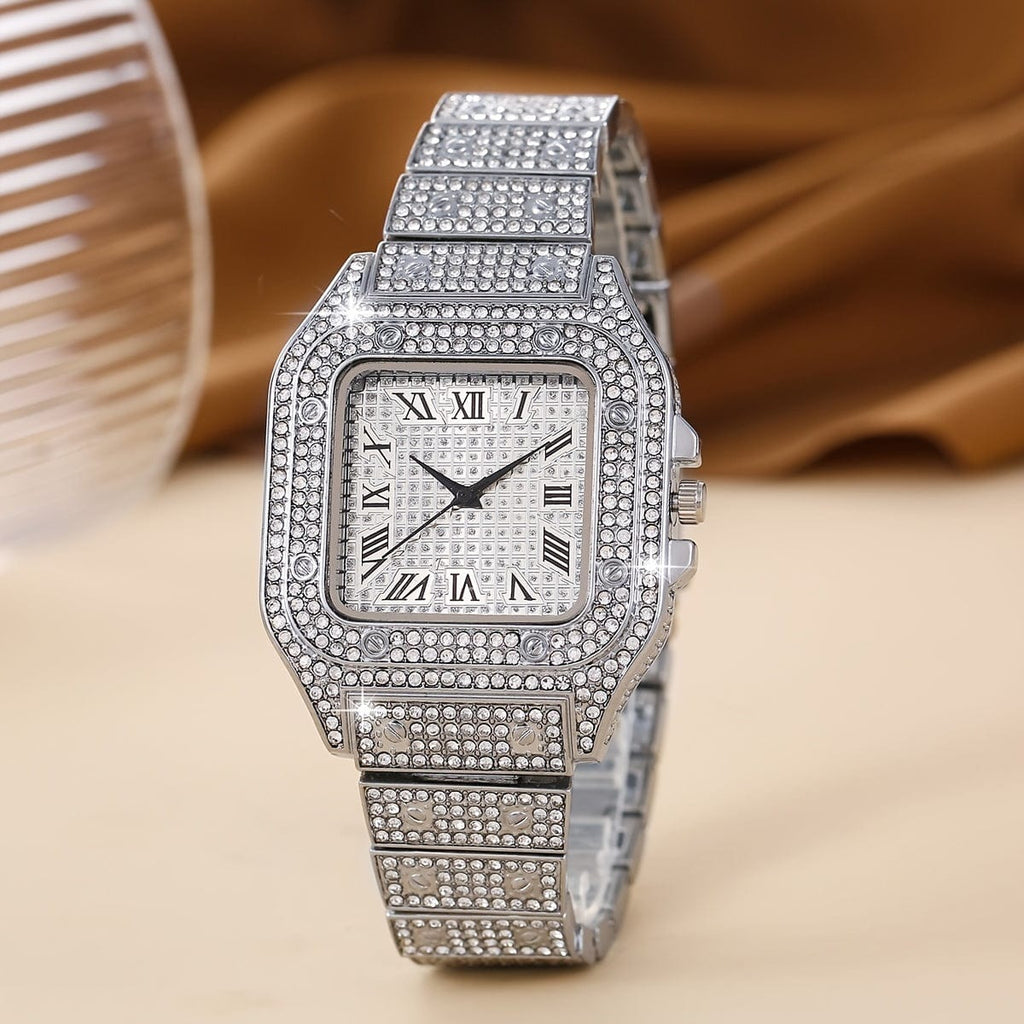 1pc Men's Rhinestone Square Big Dial Hip Hop Watch + 1pc Rhinestone Chain Zinc Alloy Bracelet Set(1 Watch + 1 Bracelet)