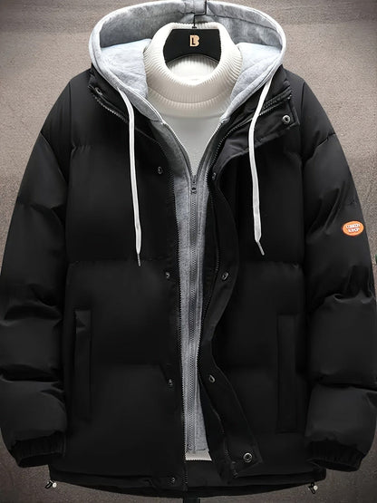 Men's Thick Winter Hooded Parka Jacket, Casual Solid Zip Warm Loose Cotton-padded Jacket Coat