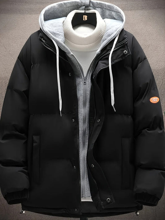 Men's Thick Winter Hooded Parka Jacket, Casual Solid Zip Warm Loose Cotton-padded Jacket Coat